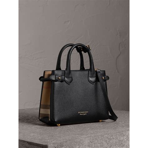 Burberry House Check Banner Small Tote Bag Black in Leather